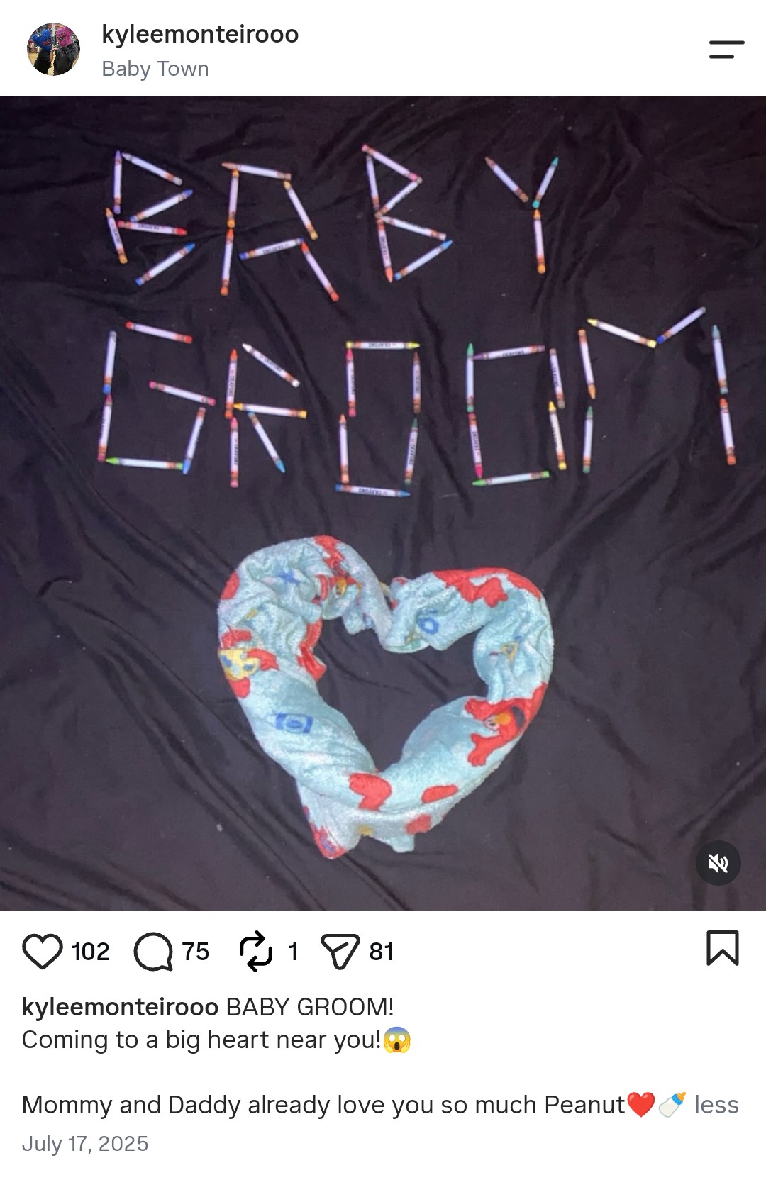 Kylee's own Baby Groom social media post