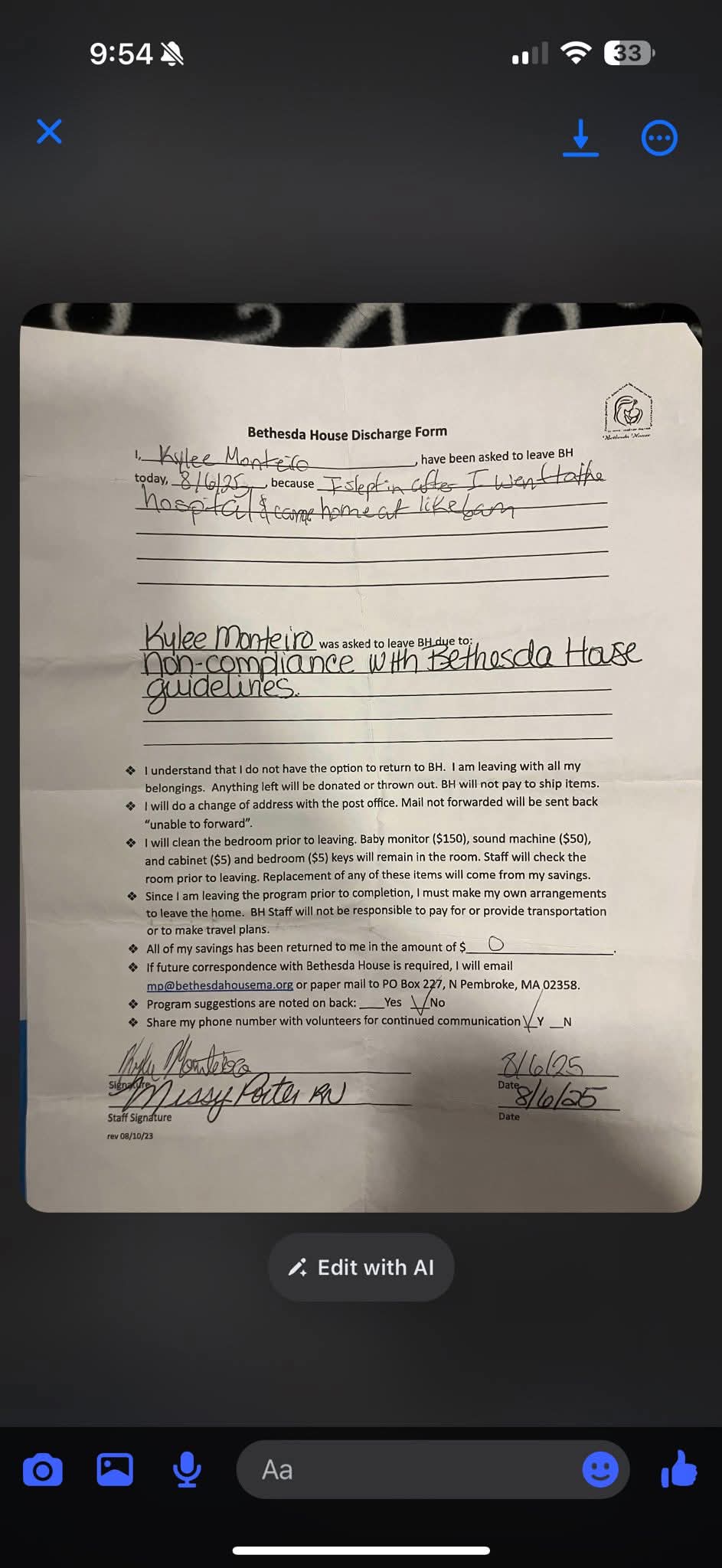 Signed Bethesda House discharge form